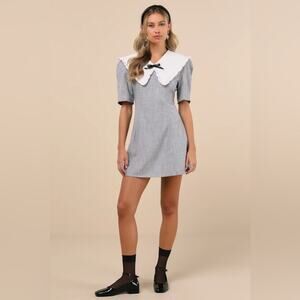 Sister Jane NWT Heron Gray Mini Dress Oversized Collar w/ Beaded Bow M